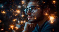 Young caucasian man with glasses in thoughtful pose against dark background with glowing orange and blue bokeh lights creating magical atmospheric effect.