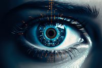 Futuristic cyber eye with digital circuit pattern and glowing blue technological interface, representing artificial intelligence and biometric scanning technology.
