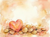 Watercolor heart with golden coins on warm beige background, symbolizing love, wealth, and generosity, with copy space for text.