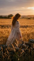 Young woman with long curly hair in white dress walking through golden wheat field at sunset, peaceful countryside moment for wellness and lifestyle content.