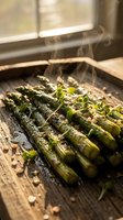 Steaming grilled asparagus with sea salt and microgreens on a rustic wooden board in warm sunlight, healthy vegetable side dish.