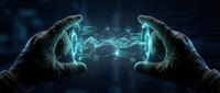 Two hands in dark gloves holding glowing turquoise digital network patterns and circuit board designs, representing technology innovation, data connection, and futuristic communication concepts.