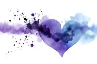 Watercolor heart with purple and blue paint splashes dissolving into artistic droplets on white background for romantic designs and wedding invitations.