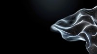 Abstract white flowing particle wave on black background, digital network visualization with dynamic motion and smooth curves creating futuristic technology effect.