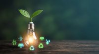 Light bulb with green plant growing from top surrounded by eco-friendly icons on wooden surface against dark green background for sustainability concepts.
