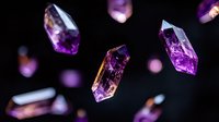Purple amethyst crystals floating on black background with bokeh lights for luxury jewelry design and gemstone collection displays.