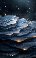 Layered dark blue stone surfaces with glowing golden edges and bokeh light effects create mystical atmosphere for backgrounds and artistic designs.