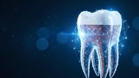 Digital tooth with glowing network connections on dark blue background for dental technology and healthcare innovation concepts.