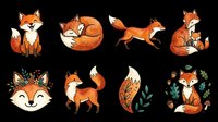 Cute fox character collection in various poses and styles, isolated on transparent background. Ready for t-shirt design, clipart, stickers, sublimation, print-on-demand products and digital crafts.