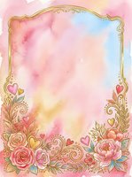 Ornate gold frame with watercolor gradient background in soft pink, blue, and yellow tones, decorated with hand-drawn roses, peonies, and hearts. Isolated design element suitable for greeting cards, invitations, and wedding stationery.