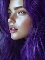 Young woman with vibrant purple hair and natural makeup showcasing modern beauty trends and creative hair coloring for fashion and lifestyle content.