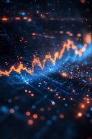 Glowing orange stock market graph rising against blue digital circuit background with bokeh lights and data visualization elements for financial concept.