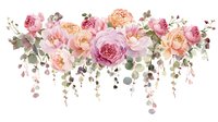 Romantic floral arrangement with pink and peach roses, eucalyptus leaves and delicate hanging greenery creates an elegant arch composition on white background.