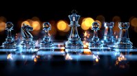 Glass chess pieces illuminated in blue light against dark background with golden bokeh effects creating dramatic atmosphere for business strategy and leadership concepts.