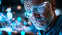 Senior Caucasian man wearing glasses illuminated by glowing blue digital particles and bokeh lights, creating futuristic technological atmosphere in dark setting.