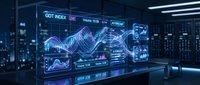 Futuristic holographic financial dashboard displaying stock market data with glowing blue charts and graphs in modern trading room environment.
