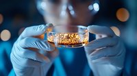 Laboratory scientist in protective gloves examining petri dish with golden liquid sample against blurred blue background with bokeh lights. Medical research concept.