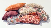 Watercolor collection of decorative pillows with floral patterns in coral, pink and beige tones casting soft shadows on white surface. For interior design projects.