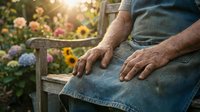 Senior male farmer resting on wooden bench in blooming flower garden during golden hour, wearing denim work clothes, hands relaxed on lap, surrounded by colorful flowers and natural sunlight.