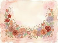 Watercolor floral frame with roses, hearts, and botanical elements on cream background, isolated design for invitations, greeting cards, and decorative projects.