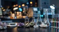 Laboratory glassware with colorful crystals and minerals on dark table in modern research facility with bokeh lights background for science education.