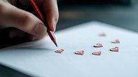 Female hand drawing small red hearts with pencil on white paper, creating romantic minimalist composition in soft natural lighting, close-up view.