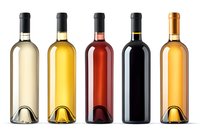 Collection of wine bottles showing variety of wines from white to rose and red, arranged in gradient color order on white background. Isolated bottles for design use.