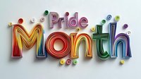 Colorful quilled paper lettering spelling Pride Month in rainbow gradient colors with decorative swirls and dots on light background, celebration typography design.