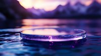 Futuristic glowing purple platform floating on water surface with mountain landscape at sunset for product display and presentation mockups.