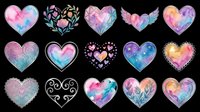 Watercolor heart collection with floral, gem, wing, and galaxy designs, isolated on transparent background. Great for stickers, t-shirt design, and print on demand.