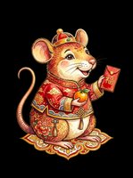 Cute mouse character wearing traditional red and gold festive clothing, holding a red envelope, isolated on transparent background. Ready for t-shirt design, stickers, clipart, print-on-demand products, and sublimation projects.