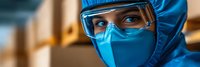 Healthcare worker in blue protective suit and safety goggles looking focused during medical procedure or laboratory work in clinical environment.