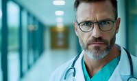 Confident mature male doctor with beard and glasses wearing scrubs and white coat in hospital corridor, serious professional medical portrait.