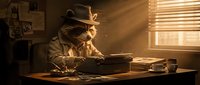 Anthropomorphic raccoon wearing fedora hat typing on vintage typewriter at wooden desk in warm sunlit office, creative writing and journalism concept.