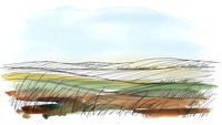 Abstract landscape sketch with rolling hills and fields in earth tones, watercolor style drawing with loose brushstrokes for artistic projects.