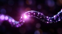 Abstract digital wave with glowing purple particles and bokeh lights on dark background for technology and data visualization projects.
