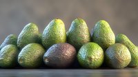 Fresh ripe avocados arranged in row on wooden surface with natural lighting, showing textured green skin and varying ripeness levels for food photography.