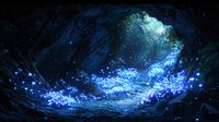 Magical glowing path through dark cave with luminescent blue mushrooms and ethereal light streaming through natural opening, creating mystical atmosphere.
