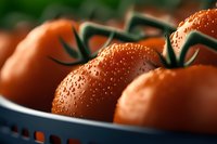 Fresh ripe tomatoes with water drops in dark blue basket, extreme close up macro photography with selective focus and natural lighting.