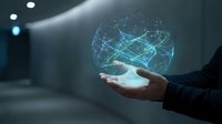 Businessman hand holding glowing digital brain network hologram, representing artificial intelligence, machine learning, and neural technology for business innovation and data processing.