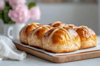 Fresh homemade sweet buns with glossy golden crust and sugar glaze on wooden cutting board, pink roses in background, soft natural lighting.