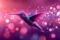 Magical hummingbird silhouette with sparkles against pink and purple bokeh background, wings spread in hovering position creating dreamy fantasy atmosphere.