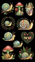 Colorful snail clipart bundle with mushrooms and floral elements, isolated on transparent background. Great for stickers, t-shirt design, print on demand, and sublimation.