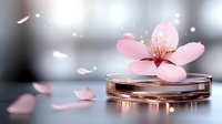 Pink cherry blossom floating on rose gold metallic surface with scattered petals and bokeh light effect creates serene spa atmosphere.
