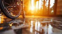 Empty wheelchair silhouette against golden sunset in forest, reflection on wet floor. Conceptual healthcare, disability awareness and hope composition.