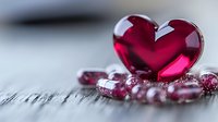 Red crystal heart on wooden surface with scattered pink and clear glass beads creating romantic Valentine's Day or love concept composition.