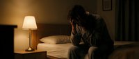 Depressed man sitting on bed edge in dark bedroom holding head in hands showing mental health struggles and emotional pain in moody lighting.