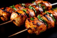 Grilled chicken kebabs with charred edges and fresh herbs on wooden skewers against dark background, showcasing juicy meat pieces with caramelized glaze.