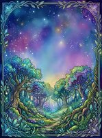 Enchanted forest landscape with gnarled trees, lush vegetation, and starry night sky in vibrant purples, blues, and greens. Ornate decorative border frames the mystical woodland scene.