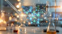 Laboratory pipette dispensing glowing molecular structures with digital network connections in modern research facility for scientific innovation.
